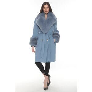 Anewsta Blue Faux Fur Cuff Collar Wrap Peacoat Small